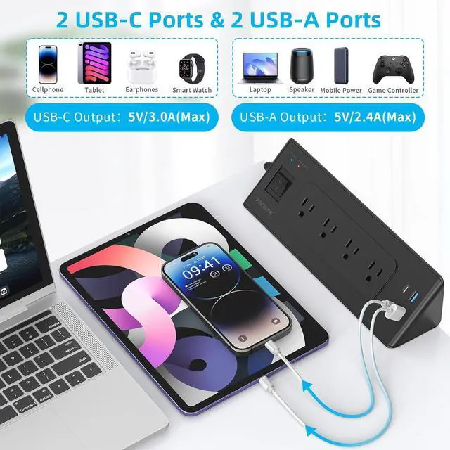 Alt view image 3 of 7 - Desk Clamp Power Strip with USB C, Desk Charging Station with 4 Outlets 4 USB Ports, Desktop Mounted Power Strip Surge Protector, 6.5ft Flat Plug Extension Cord, Fit 1.9 inch Tabletop Edge, Black