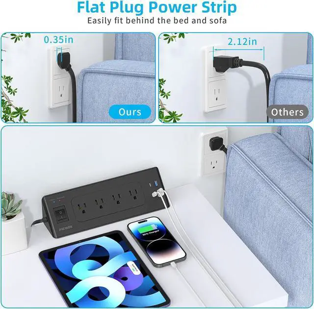 Alt view image 4 of 7 - Desk Clamp Power Strip with USB C, Desk Charging Station with 4 Outlets 4 USB Ports, Desktop Mounted Power Strip Surge Protector, 6.5ft Flat Plug Extension Cord, Fit 1.9 inch Tabletop Edge, Black