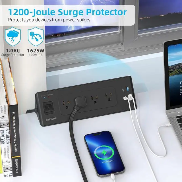 Alt view image 5 of 7 - Desk Clamp Power Strip with USB C, Desk Charging Station with 4 Outlets 4 USB Ports, Desktop Mounted Power Strip Surge Protector, 6.5ft Flat Plug Extension Cord, Fit 1.9 inch Tabletop Edge, Black