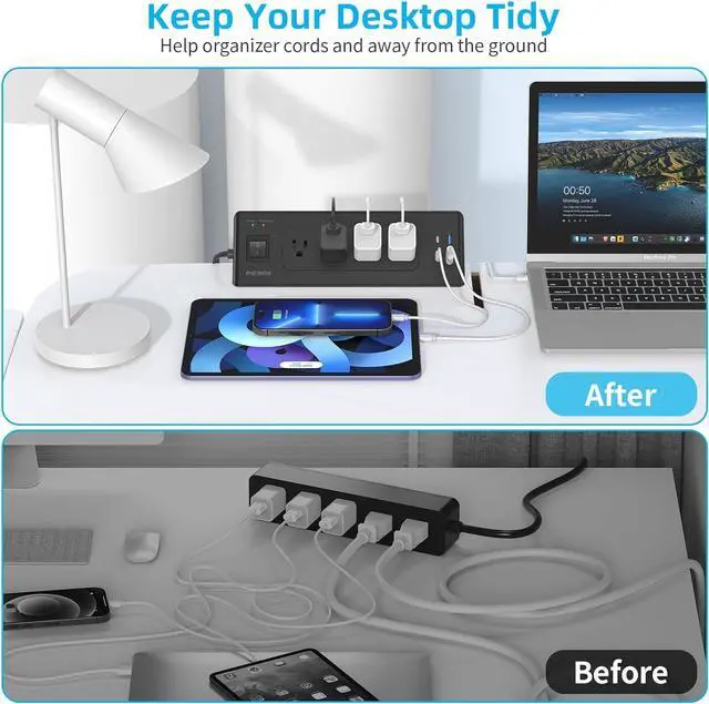 Alt view image 6 of 7 - Desk Clamp Power Strip with USB C, Desk Charging Station with 4 Outlets 4 USB Ports, Desktop Mounted Power Strip Surge Protector, 6.5ft Flat Plug Extension Cord, Fit 1.9 inch Tabletop Edge, Black