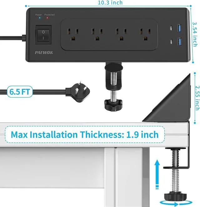 Alt view image 7 of 7 - Desk Clamp Power Strip with USB C, Desk Charging Station with 4 Outlets 4 USB Ports, Desktop Mounted Power Strip Surge Protector, 6.5ft Flat Plug Extension Cord, Fit 1.9 inch Tabletop Edge, Black