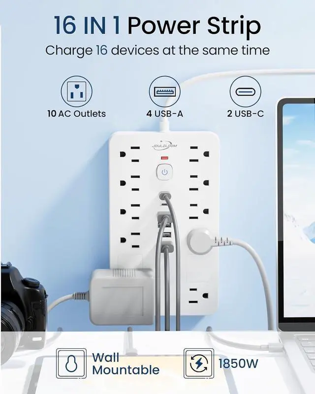 Alt view image 2 of 7 - Surge Protector Power Strip,10 Outlets(1850W/15A) with 6 USB Ports (2 USB C), 6 Feet Extension Cord Wall Mount Power Strip, ETL Listed for Home, Dorm Room