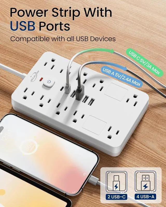 Alt view image 3 of 7 - Surge Protector Power Strip,10 Outlets(1850W/15A) with 6 USB Ports (2 USB C), 6 Feet Extension Cord Wall Mount Power Strip, ETL Listed for Home, Dorm Room