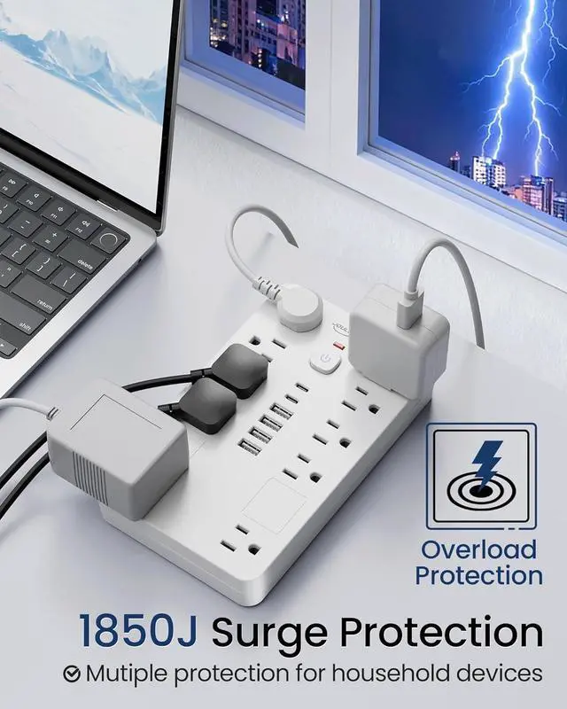 Alt view image 6 of 7 - Surge Protector Power Strip,10 Outlets(1850W/15A) with 6 USB Ports (2 USB C), 6 Feet Extension Cord Wall Mount Power Strip, ETL Listed for Home, Dorm Room