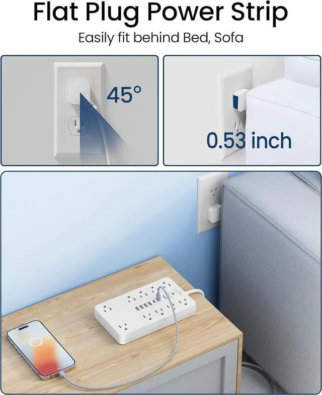Alt view image 5 of 7 - Surge Protector Power Strip,10 Outlets(1850W/15A) with 6 USB Ports (2 USB C), 6 Feet Extension Cord Wall Mount Power Strip, ETL Listed for Home, Dorm Room