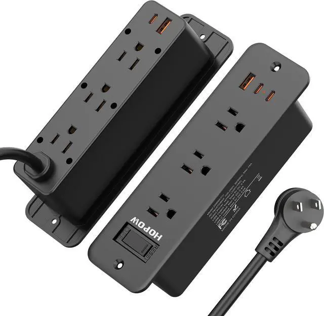 Main image of Recessed Power Strip, Flush Mount Furniture Outlet with 6 Outlets 5 USB Ports (3 USB C), 5 FT Flat Plug Extension Cord, Desktop Charging Station for Nightstand, Side Table, 900J Surge Protector, Black