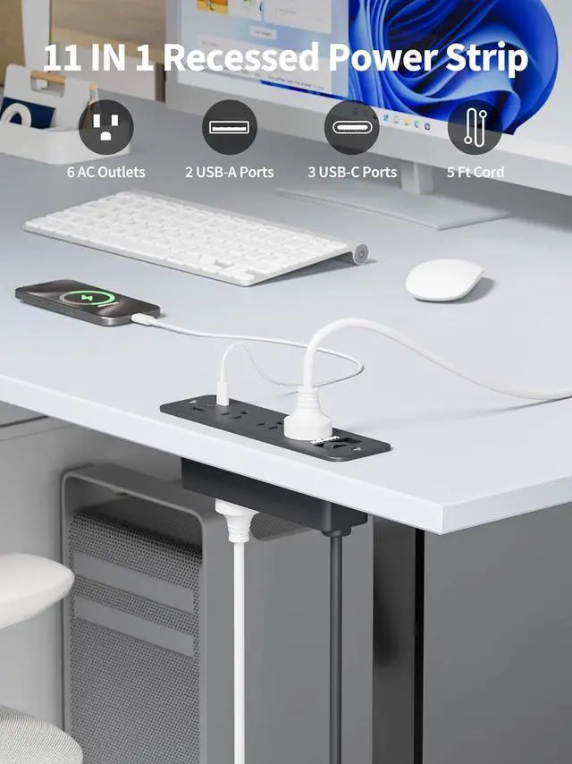 Alt view image 2 of 7 - Recessed Power Strip, Flush Mount Furniture Outlet with 6 Outlets 5 USB Ports (3 USB C), 5 FT Flat Plug Extension Cord, Desktop Charging Station for Nightstand, Side Table, 900J Surge Protector, Black