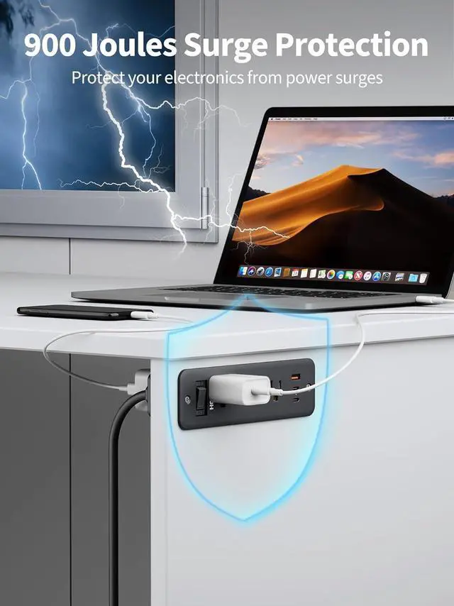 Alt view image 5 of 7 - Recessed Power Strip, Flush Mount Furniture Outlet with 6 Outlets 5 USB Ports (3 USB C), 5 FT Flat Plug Extension Cord, Desktop Charging Station for Nightstand, Side Table, 900J Surge Protector, Black