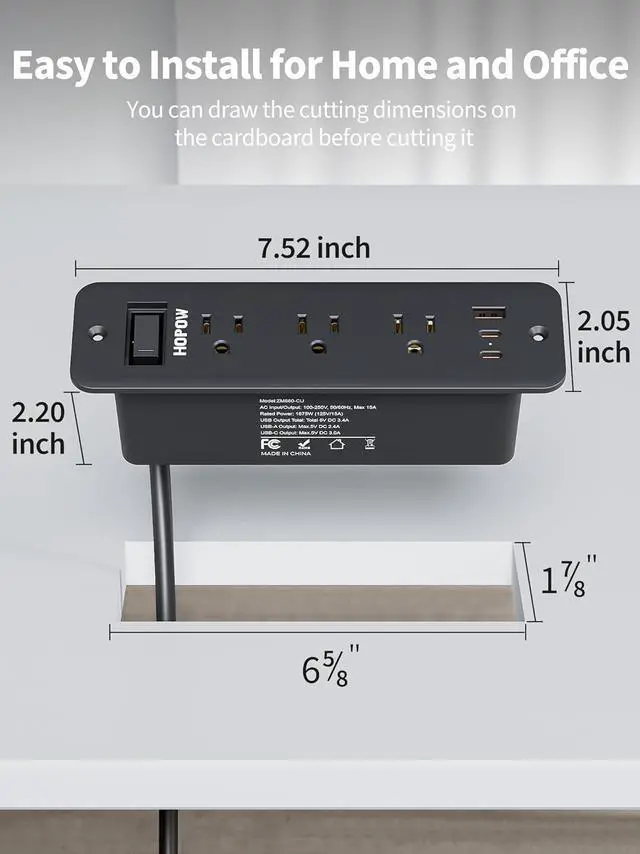 Alt view image 3 of 7 - Recessed Power Strip, Flush Mount Furniture Outlet with 6 Outlets 5 USB Ports (3 USB C), 5 FT Flat Plug Extension Cord, Desktop Charging Station for Nightstand, Side Table, 900J Surge Protector, Black