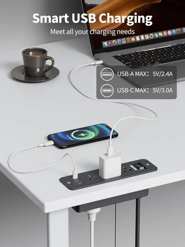Alt view image 7 of 7 - Recessed Power Strip, Flush Mount Furniture Outlet with 6 Outlets 5 USB Ports (3 USB C), 5 FT Flat Plug Extension Cord, Desktop Charging Station for Nightstand, Side Table, 900J Surge Protector, Black