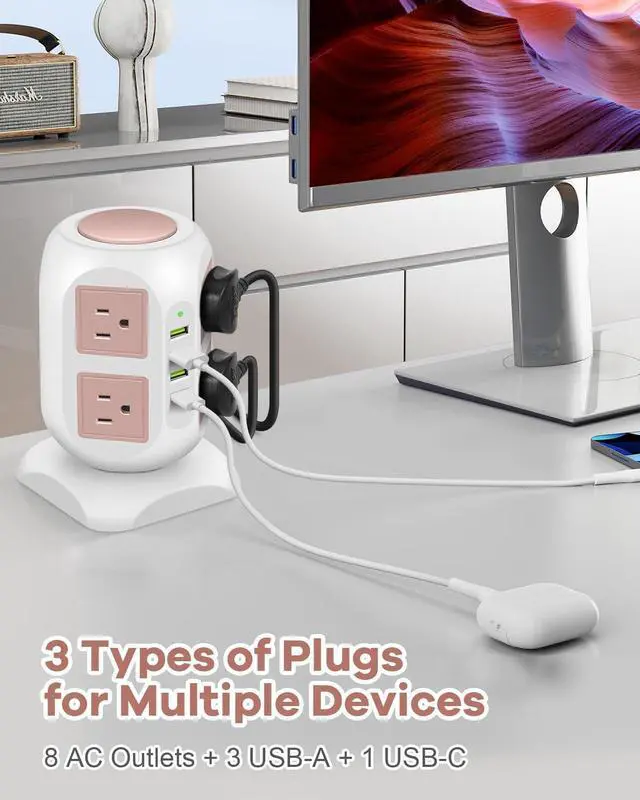 Alt view image 3 of 7 - Rose Gold Power Strip Desk Accessories for Women, Girls - Flat Plug Outlet Extender (8 Outlet 4 USB Port) - 10FT Extension Cord Tower Surge Protector - USB C Charging Station - Home Office Room Decor