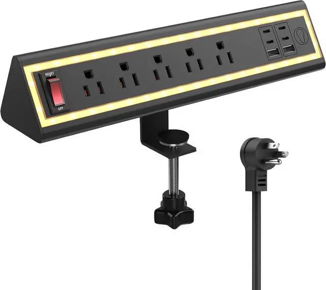 Main image of Desk Clamp Power Strip with Nightlight, 40W Fast Charging, 6FT Extension Cord, 4x20W USB-C & 2 USB Ports, 5 AC Outlets, Fits 1.69-Inch Table Edges
