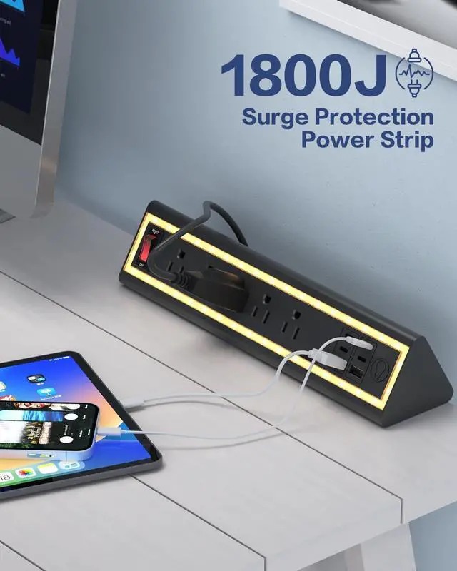 Alt view image 3 of 7 - Desk Clamp Power Strip with Nightlight, 40W Fast Charging, 6FT Extension Cord, 4x20W USB-C & 2 USB Ports, 5 AC Outlets, Fits 1.69-Inch Table Edges