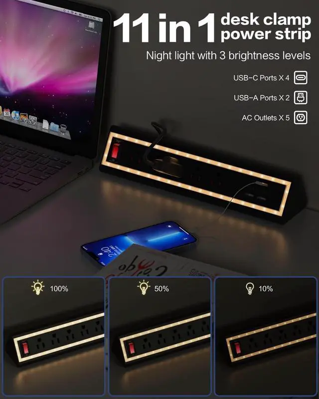 Alt view image 2 of 7 - Desk Clamp Power Strip with Nightlight, 40W Fast Charging, 6FT Extension Cord, 4x20W USB-C & 2 USB Ports, 5 AC Outlets, Fits 1.69-Inch Table Edges