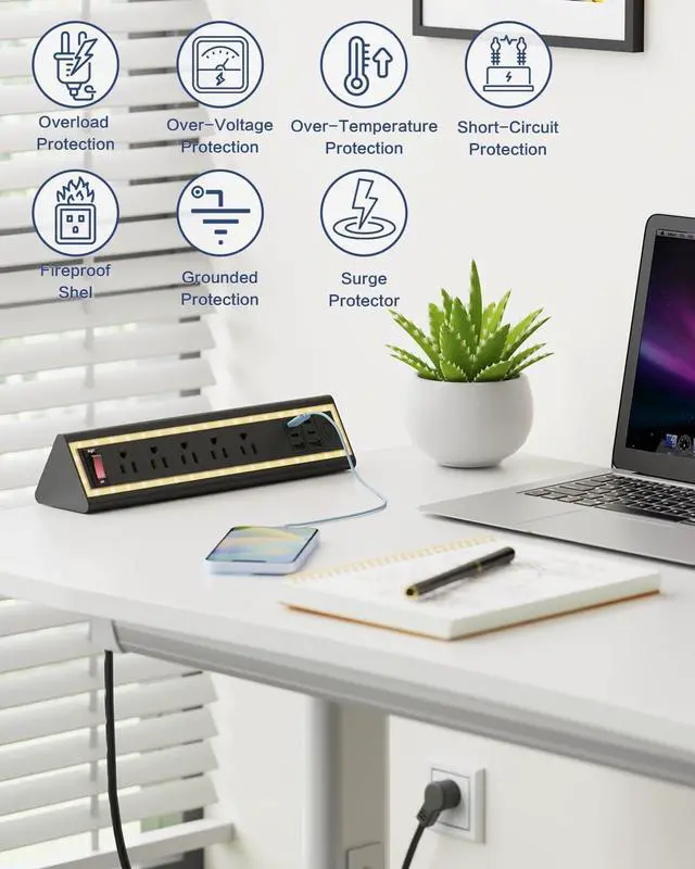 Alt view image 5 of 7 - Desk Clamp Power Strip with Nightlight, 40W Fast Charging, 6FT Extension Cord, 4x20W USB-C & 2 USB Ports, 5 AC Outlets, Fits 1.69-Inch Table Edges