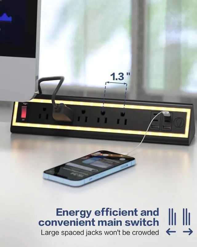 Alt view image 6 of 7 - Desk Clamp Power Strip with Nightlight, 40W Fast Charging, 6FT Extension Cord, 4x20W USB-C & 2 USB Ports, 5 AC Outlets, Fits 1.69-Inch Table Edges