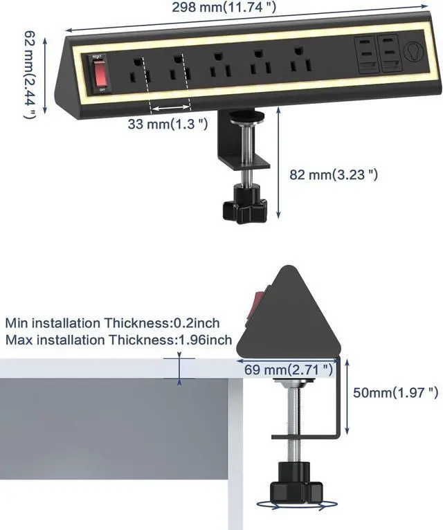 Alt view image 7 of 7 - Desk Clamp Power Strip with Nightlight, 40W Fast Charging, 6FT Extension Cord, 4x20W USB-C & 2 USB Ports, 5 AC Outlets, Fits 1.69-Inch Table Edges