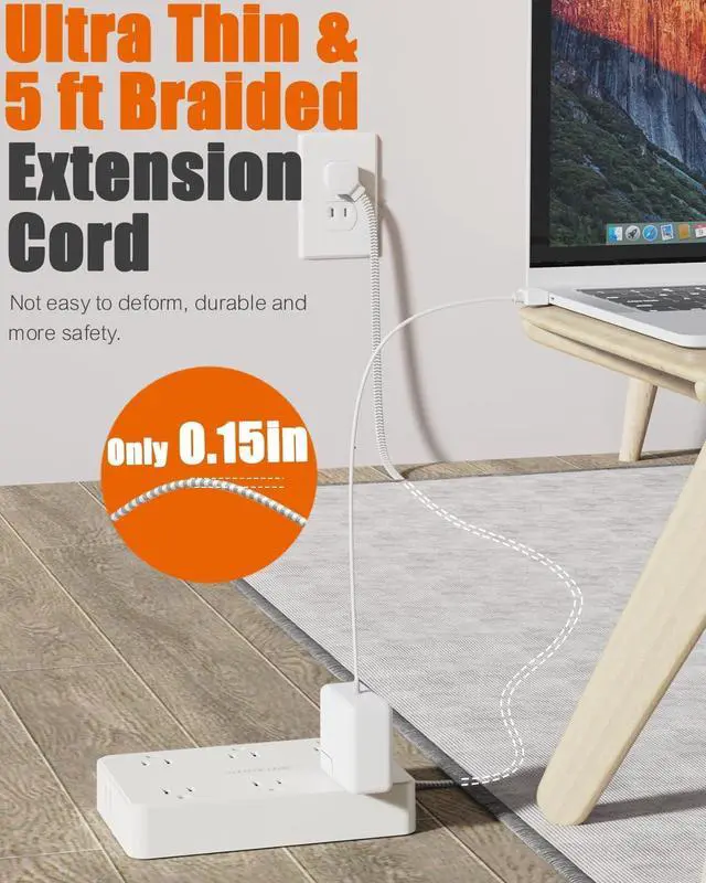 Alt view image 7 of 7 - 2 Prong Power Strip, WRXDMC 2 Prong to 3 Prong Outlet Adapter, 1400J Two Prong Surge Protector, 6ft Braided Extension Cord with Thin Flat Polarized Plug, 6 AC&4 USB, Wall Mount for Non-Grounded Outlet