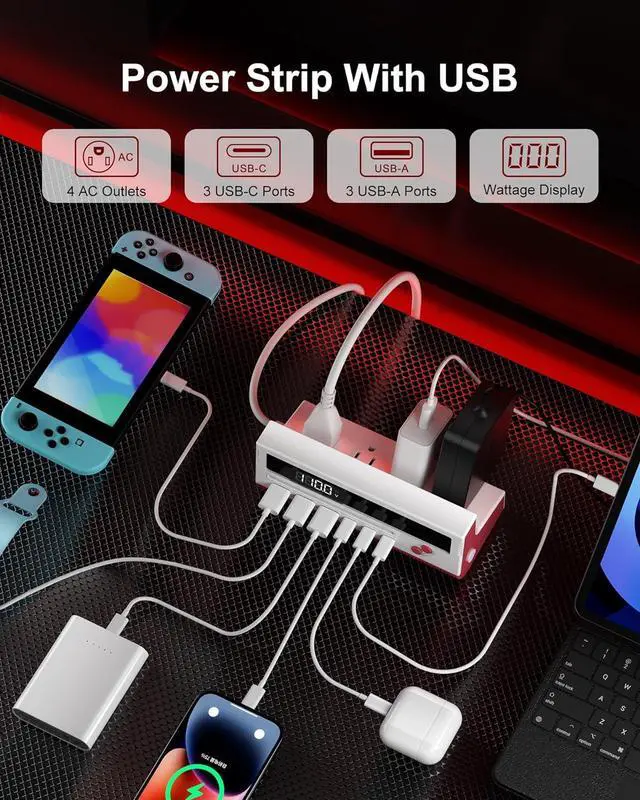 Alt view image 2 of 7 - 10-in-1 USB Charging Station, 4 Outlets Power Strip with 6 USB, 5 FT Long Extension Cord, 45° Flat Plug, 20W Fast Mulit Charging Station for Home Office Travel Plug Extension Outlet (Red)