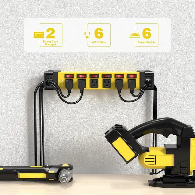Alt view image 3 of 7 - Heavy Duty Power Strip - 6 Outlet Power Strip with 6 Individual Switches Cord Manager Surge Protector 1200J Home Office Garage Industrial Workshop