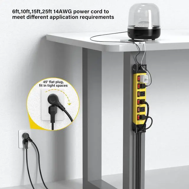 Alt view image 5 of 7 - Heavy Duty Power Strip - 6 Outlet Power Strip with 6 Individual Switches Cord Manager Surge Protector 1200J Home Office Garage Industrial Workshop