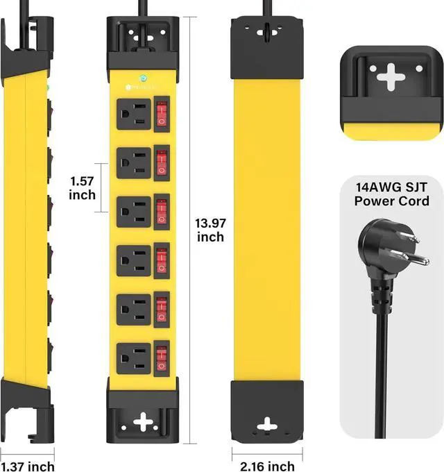 Alt view image 7 of 7 - Heavy Duty Power Strip - 6 Outlet Power Strip with 6 Individual Switches Cord Manager Surge Protector 1200J Home Office Garage Industrial Workshop