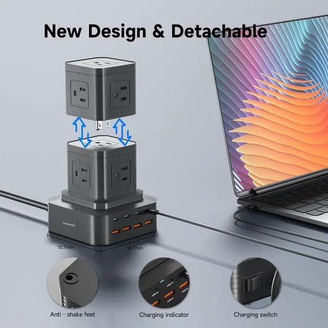 Alt view image 6 of 7 - Charging Station (100W), 17-in-1 USB C Power Strip with Surge Protection, 6.6Ft Extension Cord, 4 USB C and 4 USB A Ports, 9 AC Outlets for Home Office Dorm Room