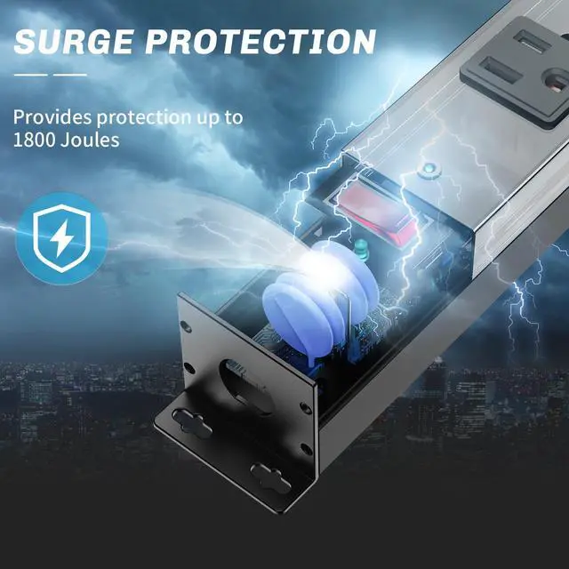 Alt view image 4 of 7 - 16 Outlet Surge Protector Metal Power Strip, 1800J Mountable Power Outlet, Heavy Duty Workshop Metal Power Strip for Commercial, Industrial, School and Home,15A 125V 1875W (6FT)