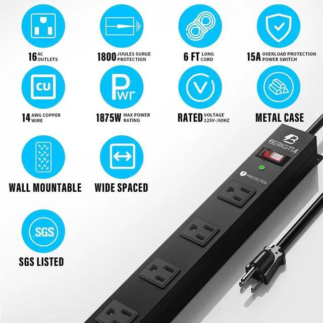 Alt view image 2 of 7 - 16 Outlet Surge Protector Metal Power Strip, 1800J Mountable Power Outlet, Heavy Duty Workshop Metal Power Strip for Commercial, Industrial, School and Home,15A 125V 1875W (6FT)