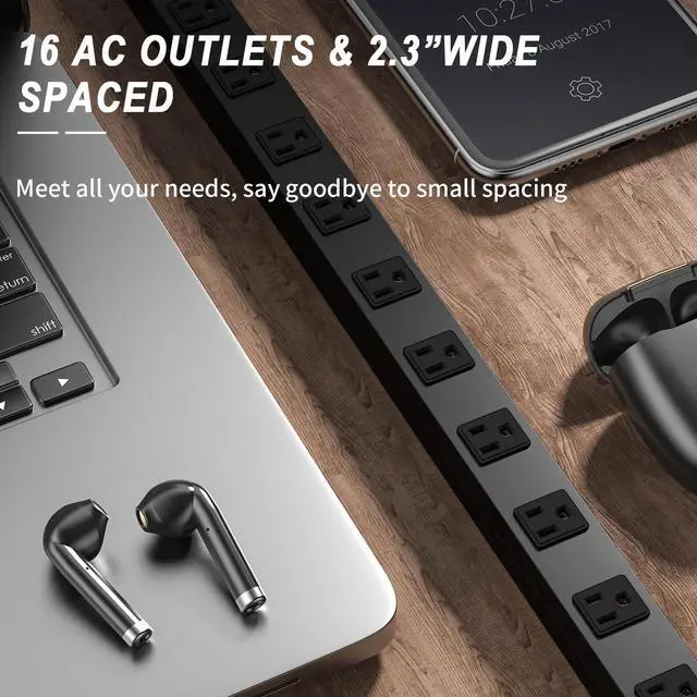 Alt view image 3 of 7 - 16 Outlet Surge Protector Metal Power Strip, 1800J Mountable Power Outlet, Heavy Duty Workshop Metal Power Strip for Commercial, Industrial, School and Home,15A 125V 1875W (6FT)