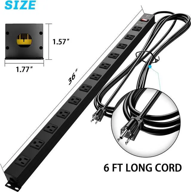 Alt view image 6 of 7 - 16 Outlet Surge Protector Metal Power Strip, 1800J Mountable Power Outlet, Heavy Duty Workshop Metal Power Strip for Commercial, Industrial, School and Home,15A 125V 1875W (6FT)