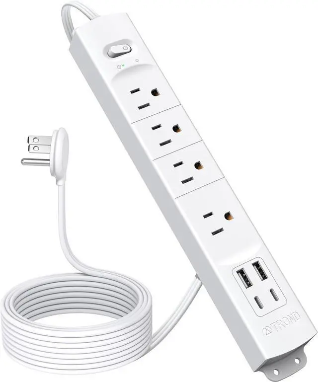 Main image of TROND Flat Plug Power Strip USB-10ft Flat Extension Cord Surge Protector Wall Mount, 2 USB C & 2 USB A Ports with Multiple Outlets, 1440J, 1625W for Office Supplies Dorm Room Essentials, White