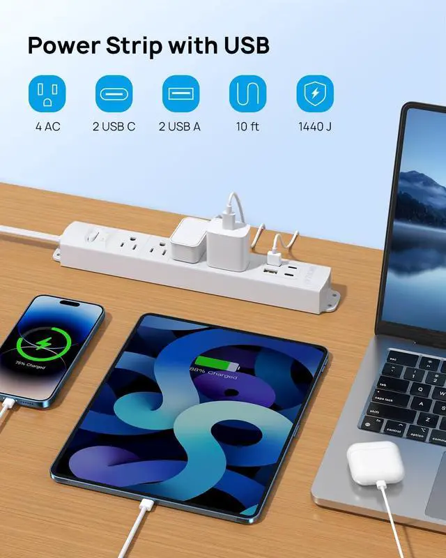 Alt view image 2 of 7 - TROND Flat Plug Power Strip USB-10ft Flat Extension Cord Surge Protector Wall Mount, 2 USB C & 2 USB A Ports with Multiple Outlets, 1440J, 1625W for Office Supplies Dorm Room Essentials, White