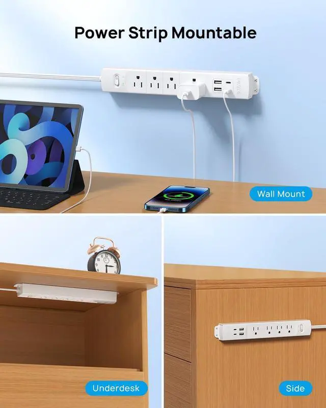 Alt view image 3 of 7 - TROND Flat Plug Power Strip USB-10ft Flat Extension Cord Surge Protector Wall Mount, 2 USB C & 2 USB A Ports with Multiple Outlets, 1440J, 1625W for Office Supplies Dorm Room Essentials, White