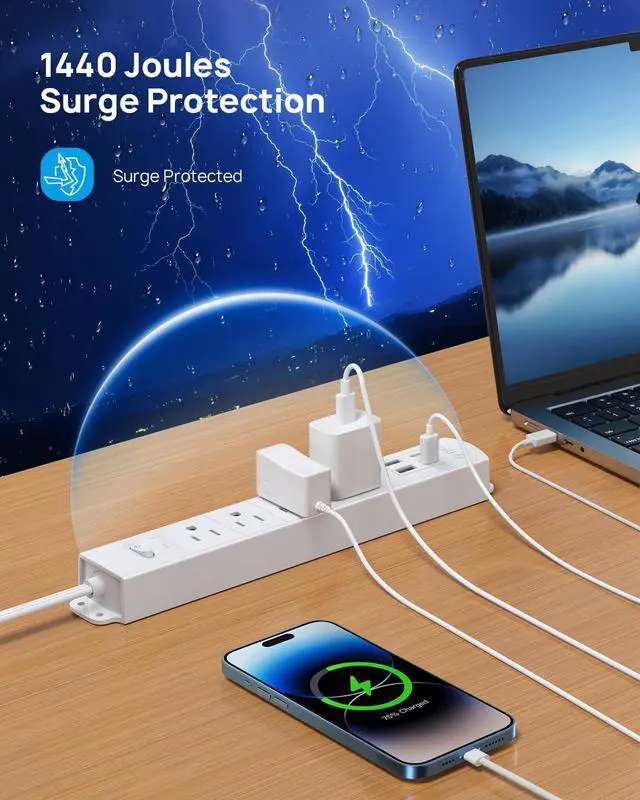 Alt view image 4 of 7 - TROND Flat Plug Power Strip USB-10ft Flat Extension Cord Surge Protector Wall Mount, 2 USB C & 2 USB A Ports with Multiple Outlets, 1440J, 1625W for Office Supplies Dorm Room Essentials, White