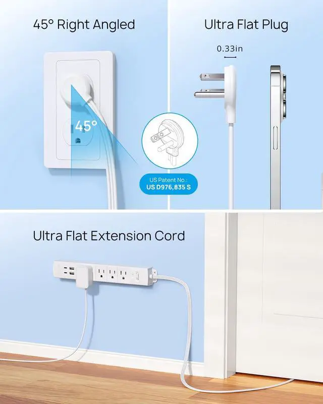 Alt view image 5 of 7 - TROND Flat Plug Power Strip USB-10ft Flat Extension Cord Surge Protector Wall Mount, 2 USB C & 2 USB A Ports with Multiple Outlets, 1440J, 1625W for Office Supplies Dorm Room Essentials, White