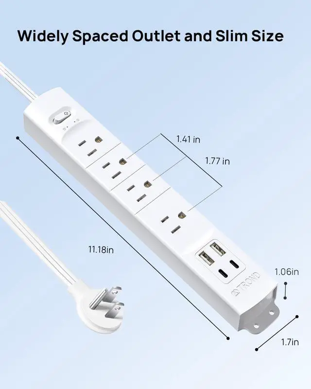 Alt view image 7 of 7 - TROND Flat Plug Power Strip USB-10ft Flat Extension Cord Surge Protector Wall Mount, 2 USB C & 2 USB A Ports with Multiple Outlets, 1440J, 1625W for Office Supplies Dorm Room Essentials, White