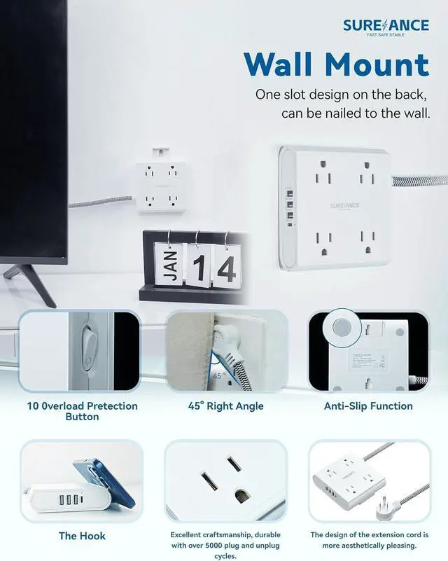 Alt view image 3 of 7 - 4-Outlet Power Strip with USB C-SUREANCE Surge Protector, 4 USB Ports, 1050J, 5FT Extension Cord, Flat Plug, Wall Mountable, ETL Listed - Desktop Charging Station for Home, Office, Dorm Essentials