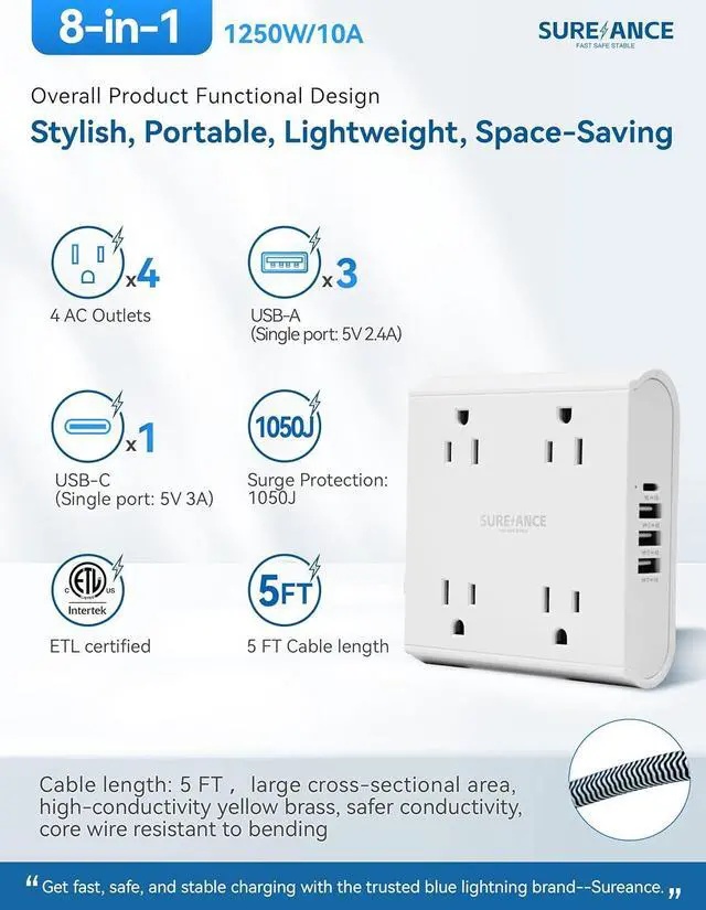 Alt view image 2 of 7 - 4-Outlet Power Strip with USB C-SUREANCE Surge Protector, 4 USB Ports, 1050J, 5FT Extension Cord, Flat Plug, Wall Mountable, ETL Listed - Desktop Charging Station for Home, Office, Dorm Essentials