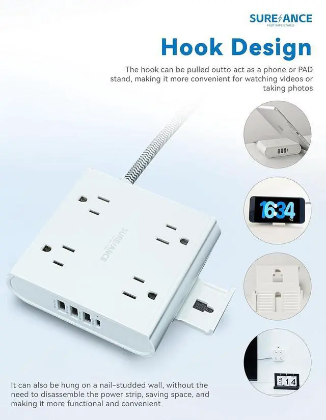 Alt view image 4 of 7 - 4-Outlet Power Strip with USB C-SUREANCE Surge Protector, 4 USB Ports, 1050J, 5FT Extension Cord, Flat Plug, Wall Mountable, ETL Listed - Desktop Charging Station for Home, Office, Dorm Essentials