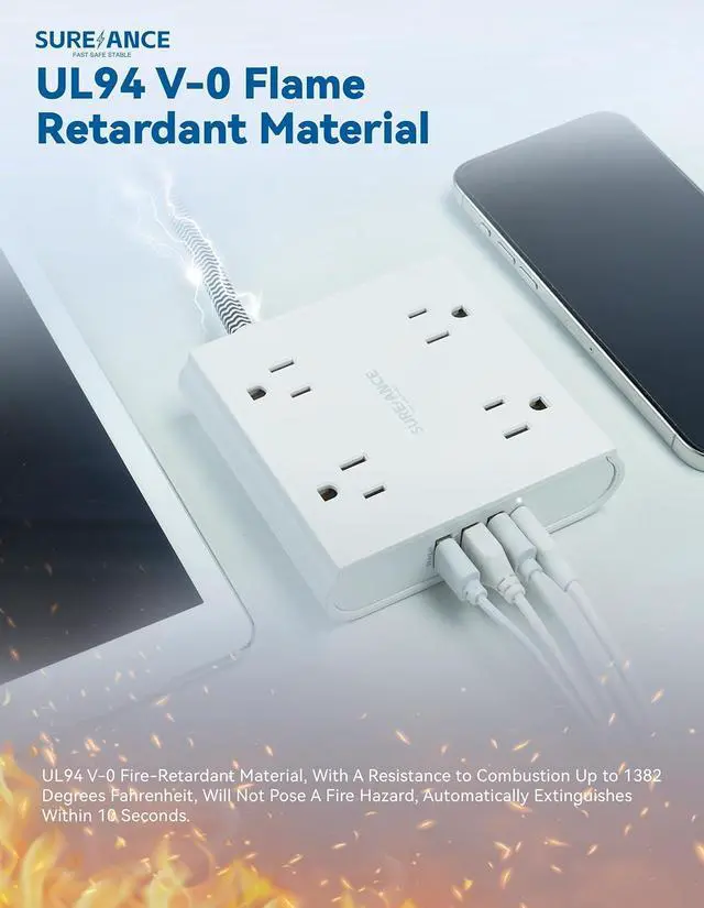 Alt view image 7 of 7 - 4-Outlet Power Strip with USB C-SUREANCE Surge Protector, 4 USB Ports, 1050J, 5FT Extension Cord, Flat Plug, Wall Mountable, ETL Listed - Desktop Charging Station for Home, Office, Dorm Essentials