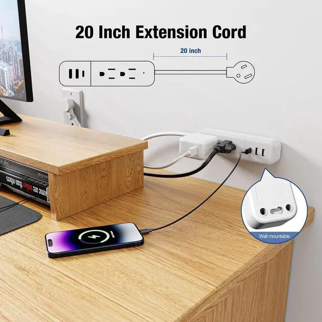 Alt view image 5 of 7 - Power Strip Surge Protector - Flat Plug with 3 USB Ports 2 AC Outlets 20 Inch Extension Cord Small White Wall Mountable Outlet Extender for Travel Home Office College Dorm Room 1875W 125V 15A