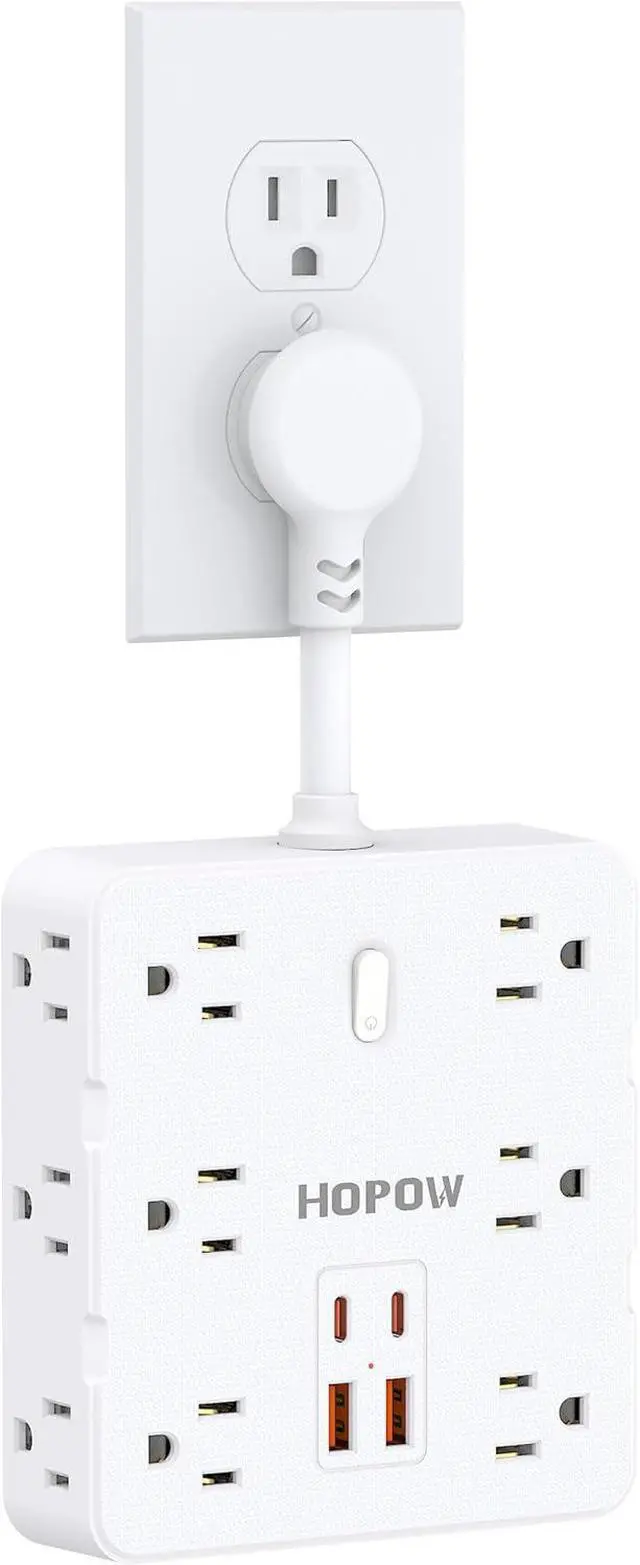 Main image of Short Extension Cord 4 Inch, Flat Plug Small Power Strip with 12 AC & 4 USB(2 USB-C), 1875W/15A, 1700J Multiple Compact Surge Protector, Wall Outlet Extender for Home Office Travel, White