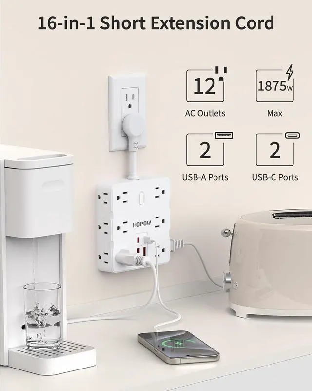 Alt view image 2 of 7 - Short Extension Cord 4 Inch, Flat Plug Small Power Strip with 12 AC & 4 USB(2 USB-C), 1875W/15A, 1700J Multiple Compact Surge Protector, Wall Outlet Extender for Home Office Travel, White