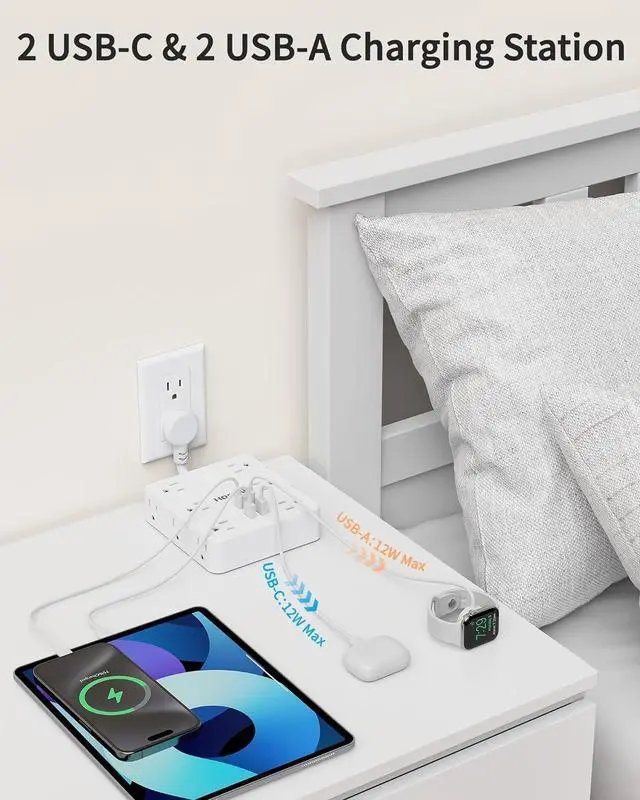 Alt view image 3 of 7 - Short Extension Cord 4 Inch, Flat Plug Small Power Strip with 12 AC & 4 USB(2 USB-C), 1875W/15A, 1700J Multiple Compact Surge Protector, Wall Outlet Extender for Home Office Travel, White