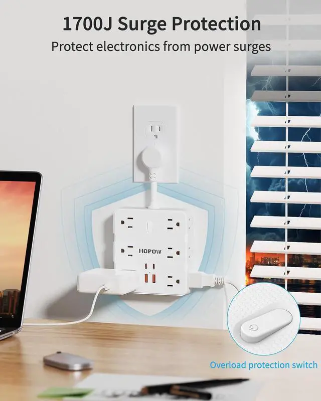 Alt view image 4 of 7 - Short Extension Cord 4 Inch, Flat Plug Small Power Strip with 12 AC & 4 USB(2 USB-C), 1875W/15A, 1700J Multiple Compact Surge Protector, Wall Outlet Extender for Home Office Travel, White