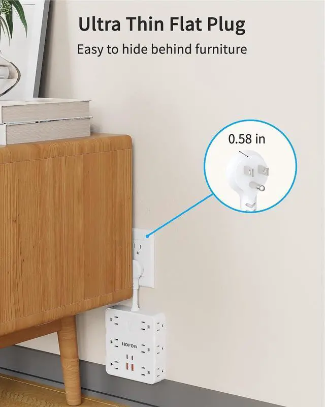 Alt view image 5 of 7 - Short Extension Cord 4 Inch, Flat Plug Small Power Strip with 12 AC & 4 USB(2 USB-C), 1875W/15A, 1700J Multiple Compact Surge Protector, Wall Outlet Extender for Home Office Travel, White