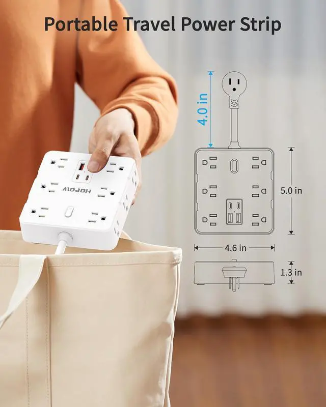 Alt view image 7 of 7 - Short Extension Cord 4 Inch, Flat Plug Small Power Strip with 12 AC & 4 USB(2 USB-C), 1875W/15A, 1700J Multiple Compact Surge Protector, Wall Outlet Extender for Home Office Travel, White