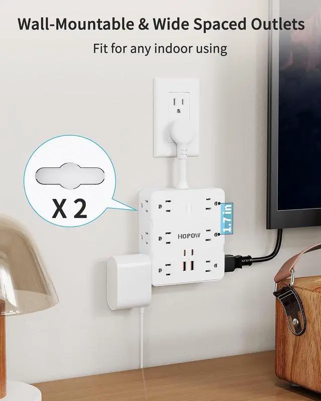 Alt view image 6 of 7 - Short Extension Cord 4 Inch, Flat Plug Small Power Strip with 12 AC & 4 USB(2 USB-C), 1875W/15A, 1700J Multiple Compact Surge Protector, Wall Outlet Extender for Home Office Travel, White