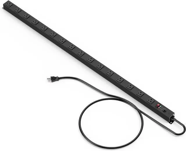 Main image of JUNNUJ Long Metal 16 Outlet Power Strip,Wide Spaced Garage Industrial Heavy Duty Power Strip,Surge Protection 4800J,Wall Mount Screws Outlet with Switch 5-15P High Amp 6-20R T-Slot (Black, 6FT)